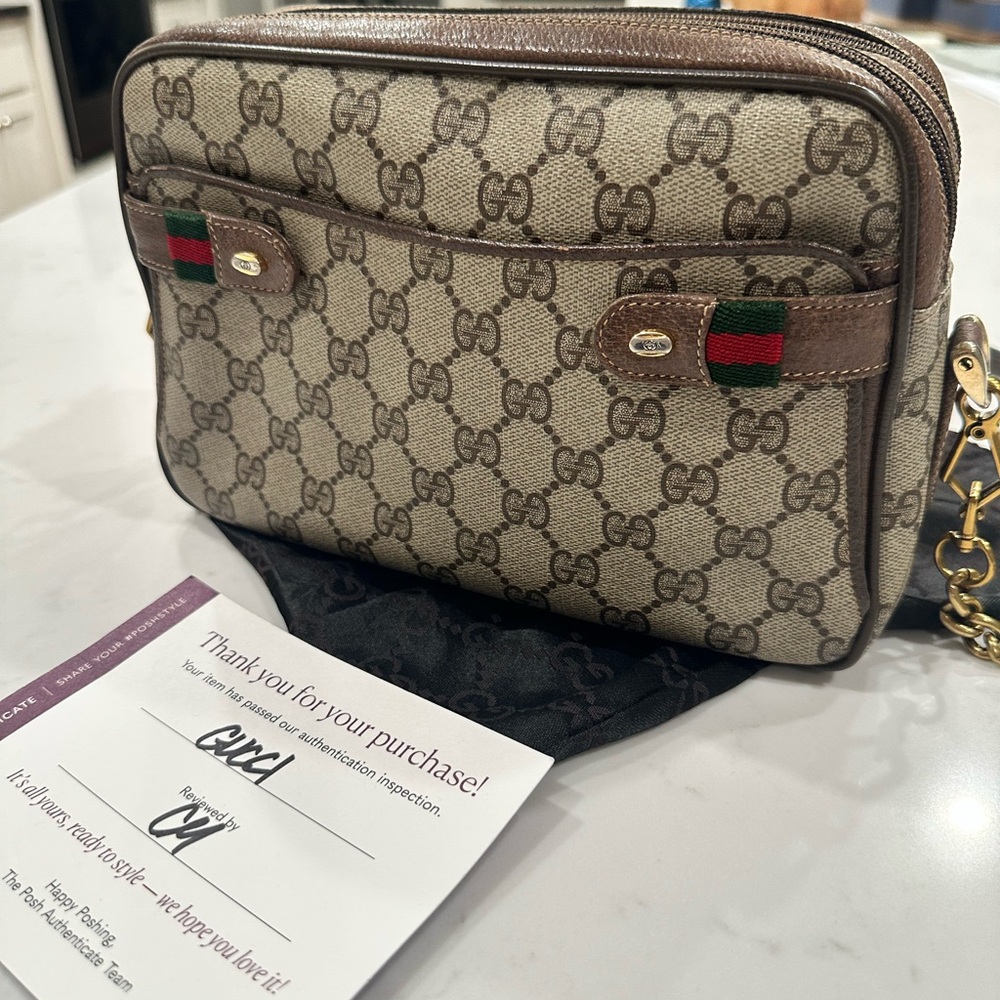 Gucci Brown Monogram Crossbody Bag with Leather Trim